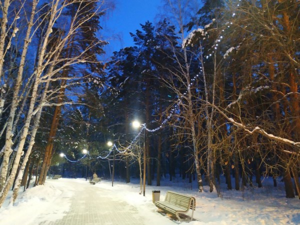 В Челябинске в экопарке Курчатовского района установили праздничную иллюминацию